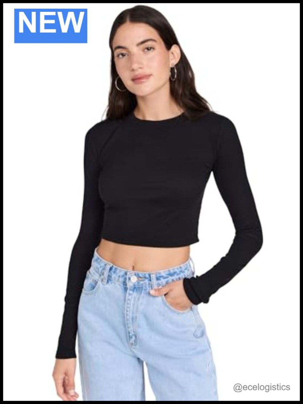 Cotton Ribbed Knit Crop Shirt Slim Fit Crewneck
